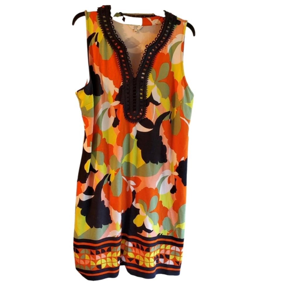 Crown & Ivy Multicolor Floral Dress with Blue Crochet Neckline